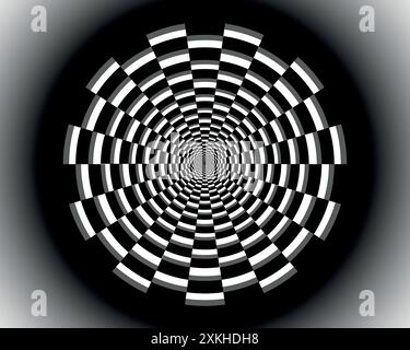 Tunnel from a tile 3D abstraction. Circular tunnel rectangular chess black and white. Rounded checkerboard background Stock Vector