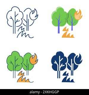 Forest fire icon set in flat and line style. Burning trees, wildfire. Vector illustration. Stock Vector