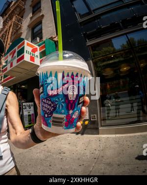 Free Slurpees are given away in a 7-Eleven store in New York on Thursday, July 11, 2024 (7-11, get it?),the self-proclaimed holiday, Free Slurpee Day! The popular icy, slushy, syrupy drinks are available in combinations, and the stores have stocked up with extra barrels of syrup to meet the expected demand. According to the meticulous figures kept by 7-Eleven they sell an average of 14 million Slurpees a month and over 150 million Slurpees a year.  (© Richard B. Levine) Stock Photo