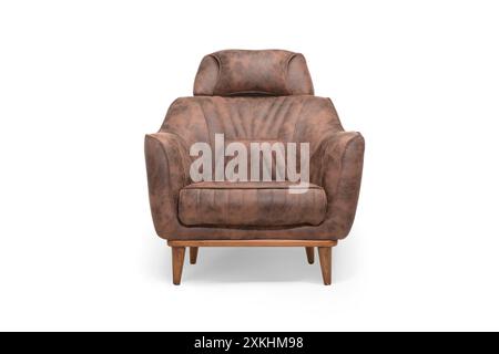 Modern brown leather armchair with wooden legs Stock Photo