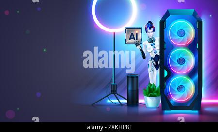 Gaming pc with AI chip. Desktop gaming computer with neon light on desk. GPU or CPU with AI or Artificial Intelligence chip. Robot woman with AI chip Stock Vector