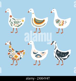 Set of abstract painted cartoon geese. Doodle ornamented goose collection. Rustic, nursery, folk, or Scandinavian style. Vector isolated illustration. Stock Vector