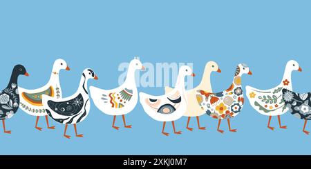 A row of cute geese or ducks with various patterns on their plumage. Seamless pattern Stock Vector