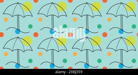 Linear Seamless Beach Umbrella pattern with Abstract color Shapes. Happy vacation time on the sea. Vector Flat illustration Isolated on Pink backgroun Stock Vector
