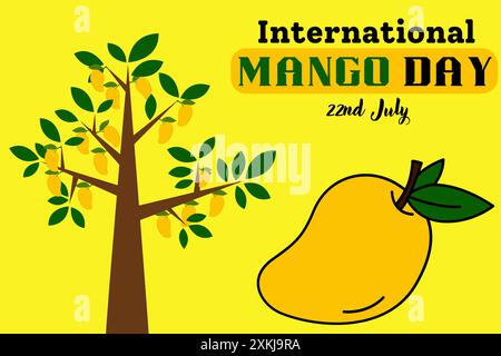 International Mango day. 22nd July World Mango day celebration,  mango tree with lots of Mangoes on it and A Single Mango with leaf. Stock Vector