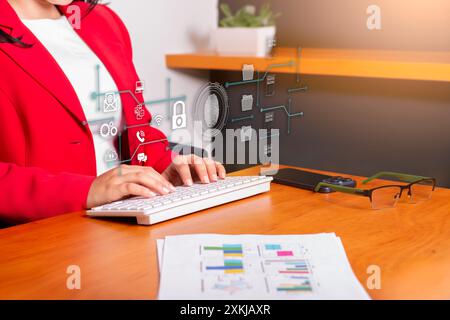 cybersecurity and document protection concepts. businesswoman securely stores important business documents and information. digital technology and clo Stock Photo