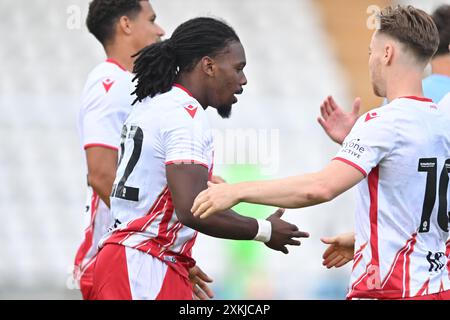 Daniel Phillips (22 Stevenage) celebrates after scoring teams first goal with team mates during the Pre-season Friendly match between Stevenage and Coventry City at the Lamex Stadium, Stevenage on Tuesday 23rd July 2024. (Photo: Kevin Hodgson | MI News) Credit: MI News & Sport /Alamy Live News Stock Photo