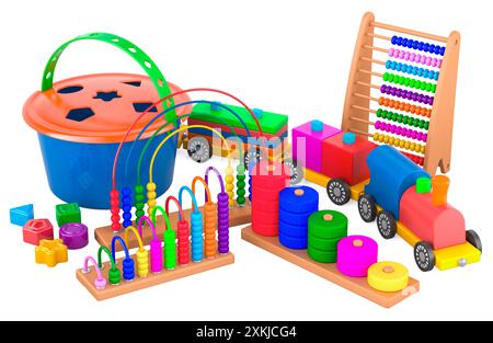 Early Development and Activity Toys Sorting, Stacking. Wooden toy stacking train, abacuses, shape sorter bucket and wooden colored stacking rings. 3D Stock Photo