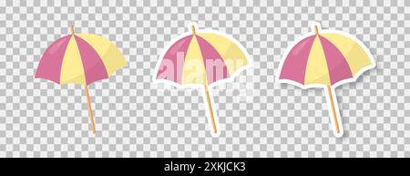 A set of sun umbrellas on a transparent background. Stickers of beach umbrellas with shade. Stock Vector