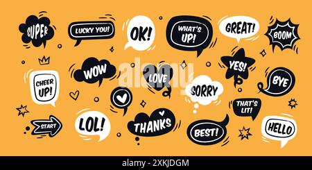 Speech bubbles with words. Comics short phrases. Doodle style dialog boxes with exclamations. Funky different shapes. Message stickers. Text places Stock Vector