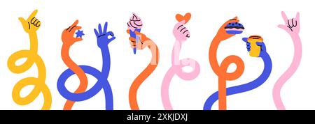 Multicolored stretched hands. Cartoon long human arms hold different items. Groovy hippie style. Various gestures. Pointing forefinger. Weaving and Stock Vector