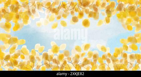 Watercolor illustration of yellow beech leaves against blue sky in autumn with copy space in the center. Stock Vector
