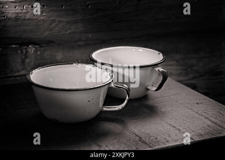 Black and white image; two metal cups on a small wood table inside a vintage log cabin. Soft lighting enters from the upper left illuminating subject. Stock Photo