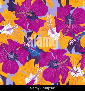 Vintage seamless pattern with colorful hibiscuses. Retro floral pattern with hibiscus Stock Photo