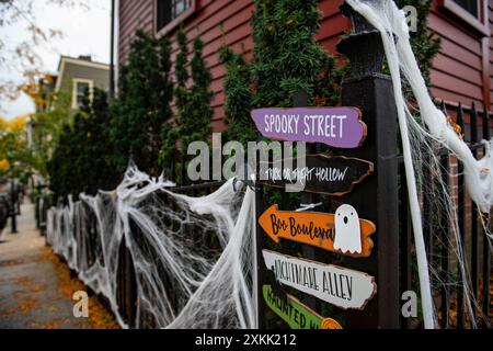 Boston, Massachusetts, USA - October 29, 2023: Detail of Halloween decorations in a street, at the Charlestown neighborhood, in the city of Boston, Ma Stock Photo