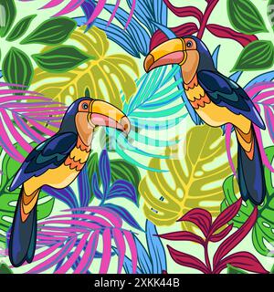 Seamless floral pattern with toucans and rainforest. Vector illustration Stock Vector