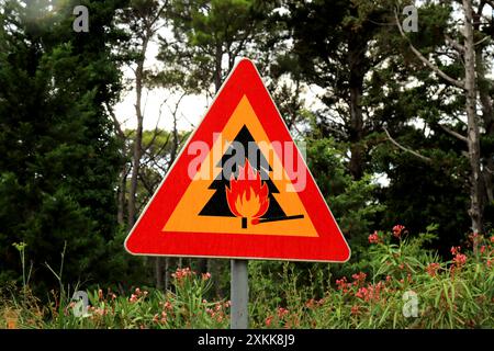 Warning Sign - forest fire danger, dry forest, drought, It is prohibited to make a fire Stock Photo