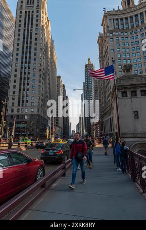 Chicago, IL, USA - March 2019: Chicago's Iconic Michigan Avenue: A DuSable Bridge Perspective Stock Photo