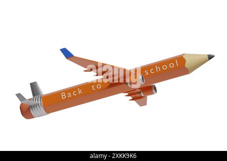 Pencil plane with the text "back to school" isolated on white background. 3d illustration. Stock Photo