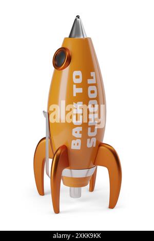 Spaceship in the shape of a pen with the text "back to school" isolated on white background. 3d illustration. Stock Photo
