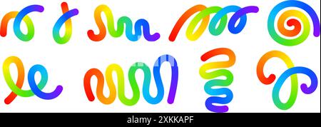 Set of rainbow-colored curvy lines. Multicolored squiggles, spirals and loops in trendy spline style. Organic doodle figures with gradient effect isolated on white background. Vector illustration. Stock Vector