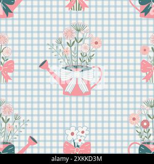 Seamless vector pattern with flowers in a garden watering cans and flower pots on blue gingham. Vector illustration Stock Vector
