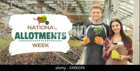 Banner for National Allotments Week with young gardeners in greenhouse Stock Photo