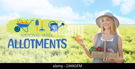 Banner for National Allotments Week with young female gardener with harvest in field Stock Photo