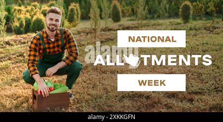 Banner for National Allotments Week with young male gardener with harvest in garden Stock Photo