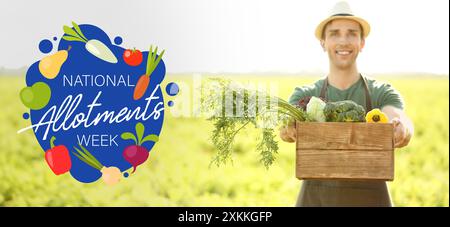 Banner for National Allotments Week with young male gardener with harvest in field Stock Photo