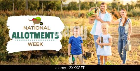 Banner for National Allotments Week with young family with harvest in garden Stock Photo