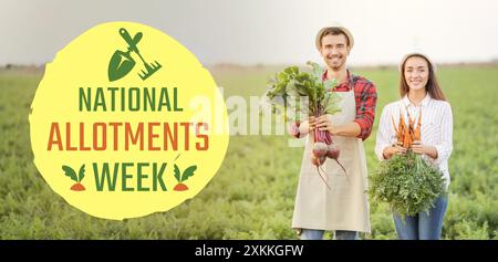 Banner for National Allotments Week with young farmers with harvest in field Stock Photo