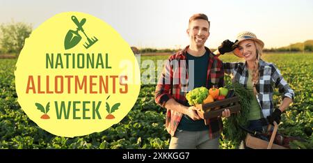 Banner for National Allotments Week with young farmers with harvest in field Stock Photo