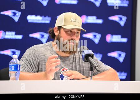 Foxborough, Massachusetts, USA. 23rd July, 2024. ; New England Patriots center David Andrews (60) speaks to the media during a press conference at Gillette Stadium, in Foxborough, Massachusetts. Eric Canha/CSM/Alamy Live News Stock Photo