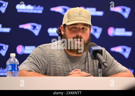 Foxborough, Massachusetts, USA. 23rd July, 2024. ; New England Patriots center David Andrews (60) speaks to the media during a press conference at Gillette Stadium, in Foxborough, Massachusetts. Eric Canha/CSM/Alamy Live News Stock Photo