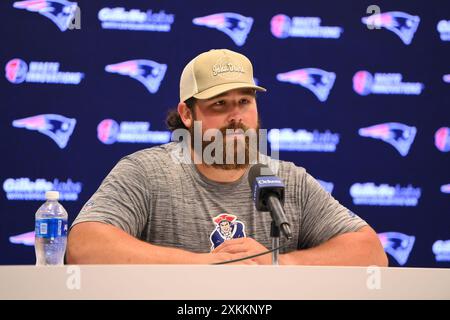 Foxborough, Massachusetts, USA. 23rd July, 2024. ; New England Patriots center David Andrews (60) speaks to the media during a press conference at Gillette Stadium, in Foxborough, Massachusetts. Eric Canha/CSM/Alamy Live News Stock Photo