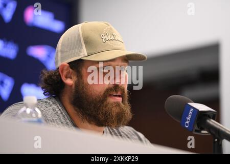 Foxborough, Massachusetts, USA. 23rd July, 2024. ; New England Patriots center David Andrews (60) speaks to the media during a press conference at Gillette Stadium, in Foxborough, Massachusetts. Eric Canha/CSM/Alamy Live News Stock Photo