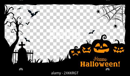 Halloween social media post frame template with pumpkins, spiders and bats vector silhouettes. Halloween horror holiday frame with border lines of spo Stock Vector