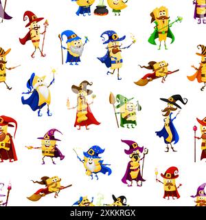 Cartoon Halloween pasta wizard and mage characters pattern. Wallpaper or fabric print vector background with orzo, orecchiette, lasagna, ditalini and Stock Vector