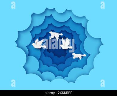 White pigeons or dove birds in paper cut clouds flying in sky, vector background. Doves in blue papercut sky heaven frame for freedom, love or faith, Stock Vector