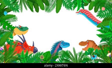 Prehistoric dinosaurs in jungle forest plants frame. Vector rectangular border with vibrant cartoon dino characters and lush tropical foliage, palm tr Stock Vector