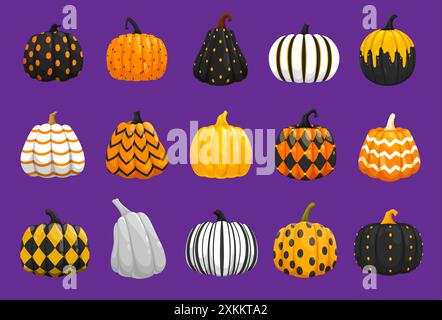 Halloween painted pumpkins with holiday ornament pattern for horror night vector decoration. Halloween spooky holiday different pumpkins with orange d Stock Vector