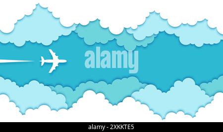 Top view paper cut plane in sky clouds. 3d vector stylized background with layered papercut effect of fluffy white clouds frame with bright blue sky a Stock Vector