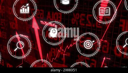 Financial data and technology icons image over red stock market graph Stock Photo