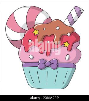 A sweet cupcake with a pink muffin baked in a green cup with a purple ribbon, a lollipop candy on top of the pink bread, and colorful cream flowing. Stock Vector