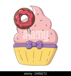 A cute dessert illustration showing a cute little donut on a stick in a cupcake topped with plenty of pink cream. Stock Vector