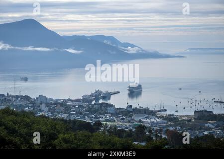 07.03.2024, Argentina, Tierra del Fuego, Ushuaia - Sunrise over the Beagle Channel, the Beagle Channel is a natural waterway at the southern tip of So Stock Photo
