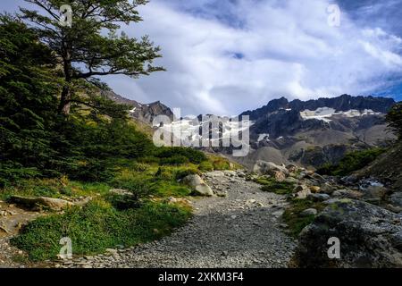 08.03.2024, Argentina, Tierra del Fuego, Ushuaia - Hiking trail to the Martial Glacier on Cerro Martial, Ushuaia's local mountain. Ushuaia is the sout Stock Photo