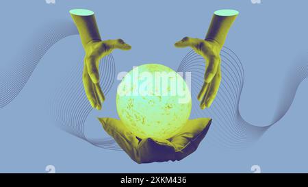 Hands holding crystal ball fortune telling collage art. Abstract concept of prophecy and prediction of future illustration Stock Vector