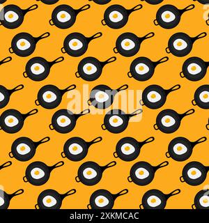 Scrambled egg with yolk in fried pan with handle Seamless pattern in trendy bright shades. Wallpaper or Culinary card design idea. Isolated Vector Poster, banner, price, label or web, promo concept Stock Vector